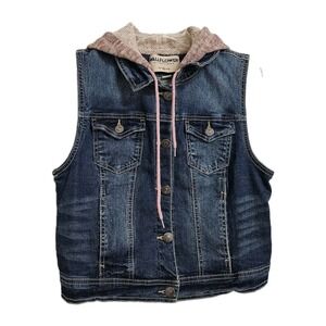 Y2K Boho WallFlower Denim Hooded Vest Kids Lg Blue Dark Wash Knit Hood Western